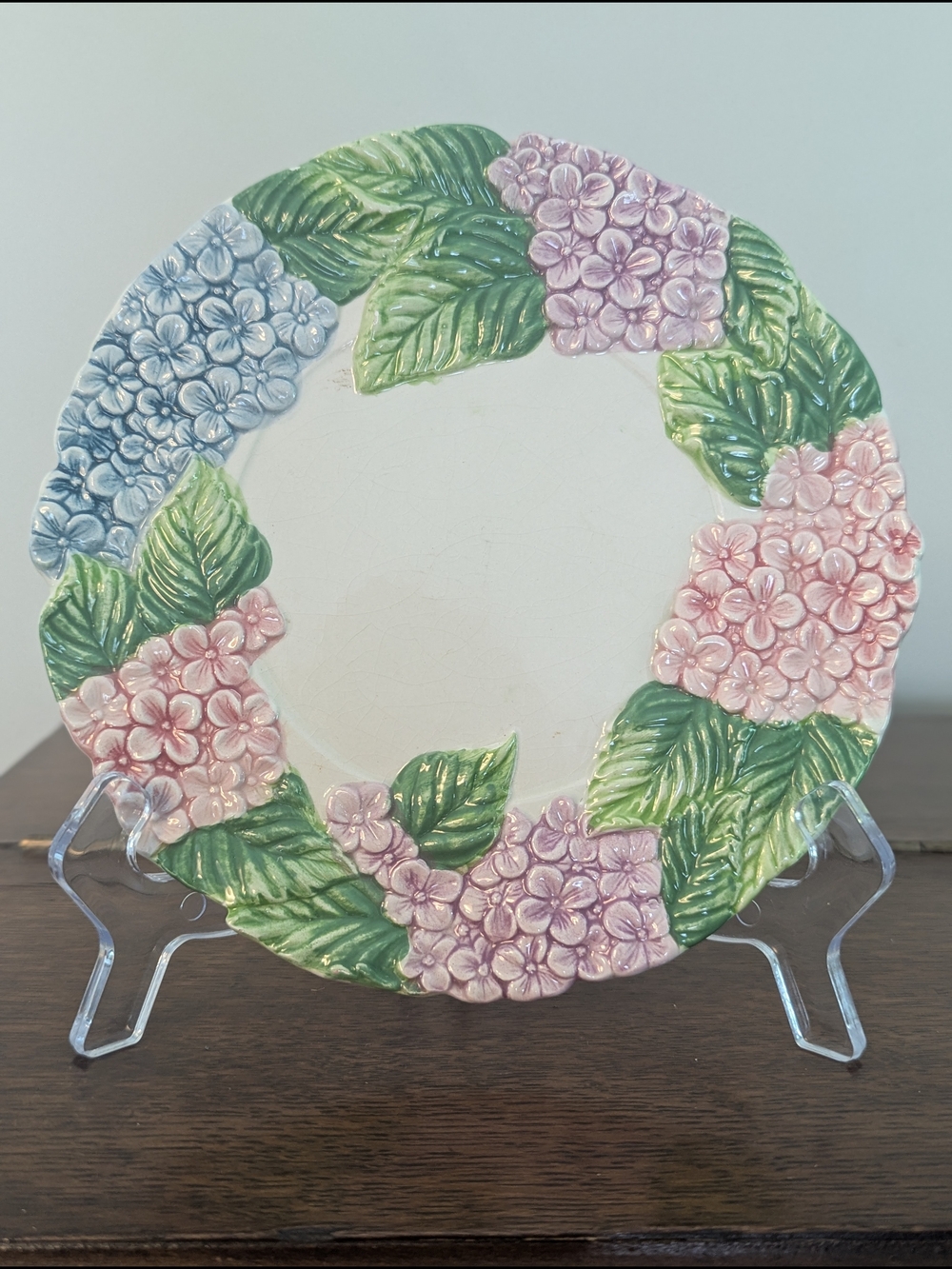 1992 CBK Ltd Hydrangea Plate | Majolica Style Embossed Floral Decor